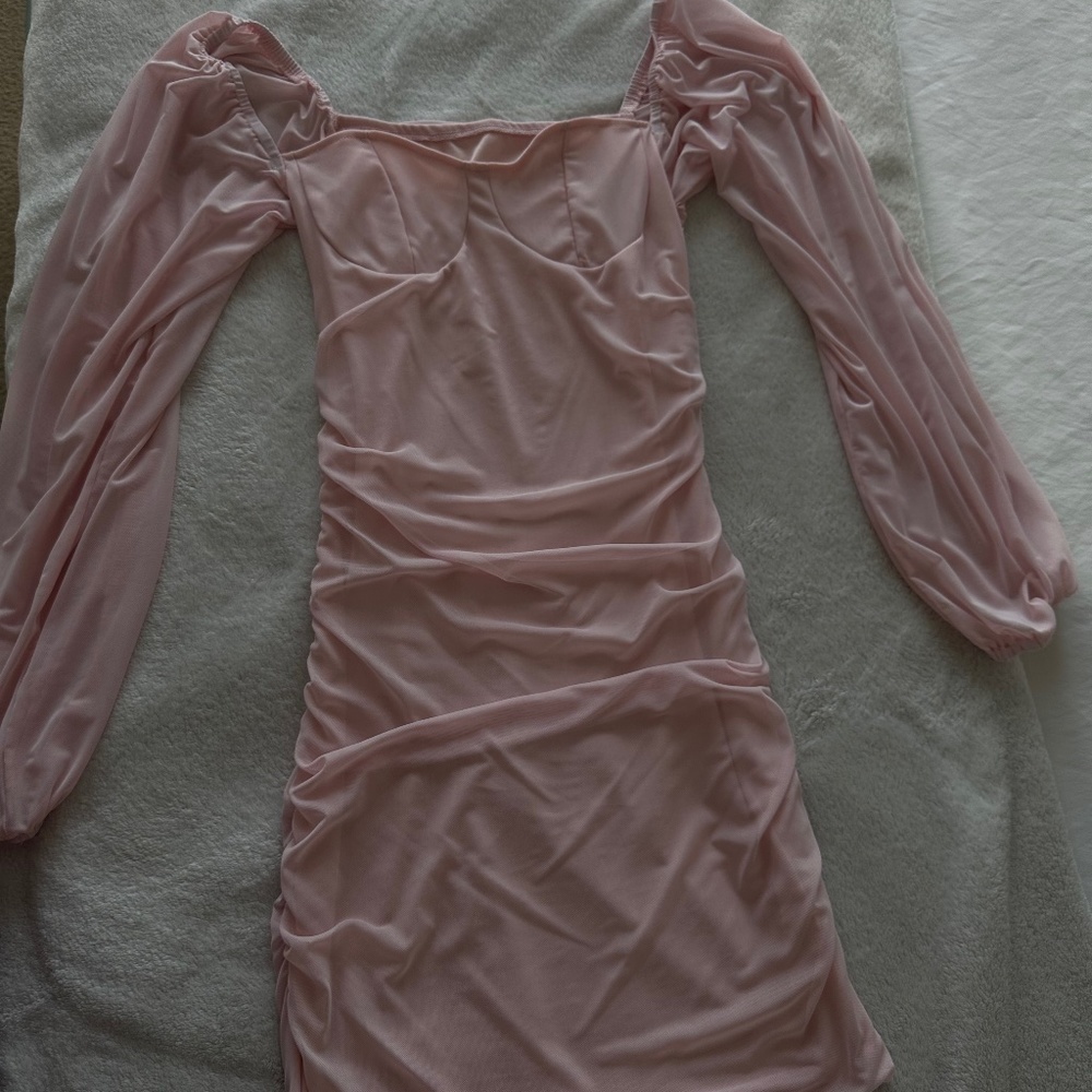 Blush pink ruched off shoulder dress